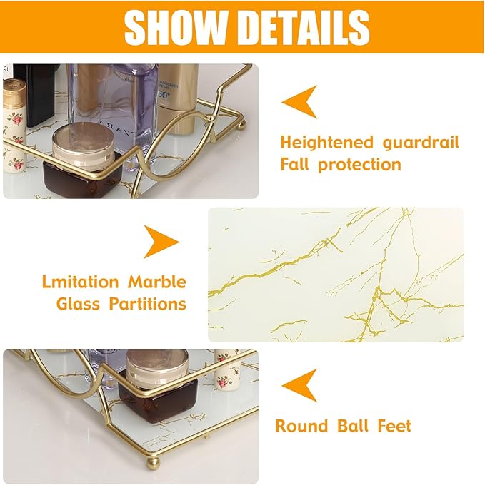 Vanity Bathroom Counter Tray Gold Glass Perfume Organizer Holder Cosmetics Makeup Skincare Display Decorative Vanity Trays Storage Rack for Bathroom Dresser Bedroom (1 Tier Platinum-Small)