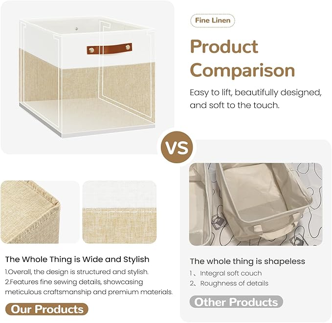 13x13 Storage Cubes 4-Pack, Large Foldable Fabric Cube Storage Bin with Reinforced Bottom and Labels, Organizer Baskets for Shelves, Closets(White/Khaki)