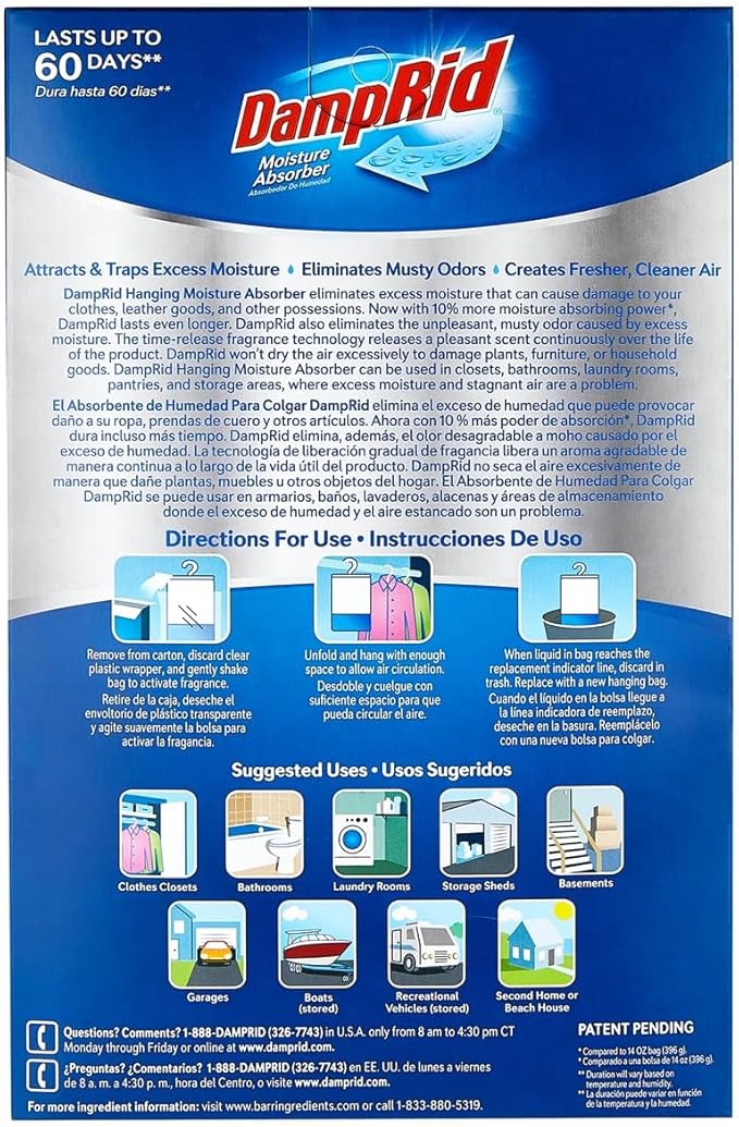 Damp Rid Hanging Bag Moisture Absorbers - 3 Packs of 3-15.4oz (Fragrance Free) - Closet Deodorizer Odor Eliminator, 10% More Moisture Absorbing Power - ILIOS Packaging