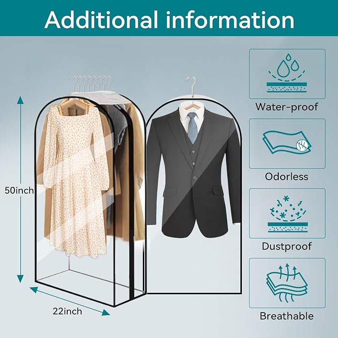 10” Gusseted Clear Garment Bags, 40” Hanging Suit Bags for Closet Storage - Protect Clothes, Suits, Coats, Dresses - 3 Pack (50 inch)