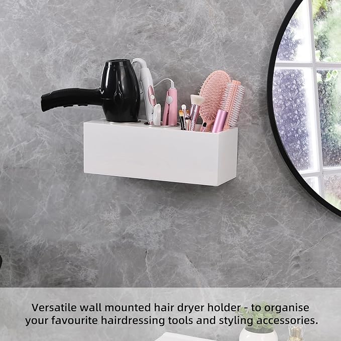Hair Dryer Countertop Holder, Hair Tool Organizer Wall Mount, Blow Dryer Holder Organizer, Bathroom Countertop Blow Dryer Holder and Curling Iron Holder (Cedar Wood, White)