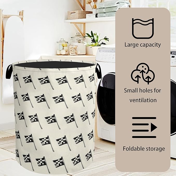 Racing Flag Foldable Canvas Laundry Basket with Handles - Toy Organizer, Heavy Duty for Home,Bedroom, Dorm, Bathroom