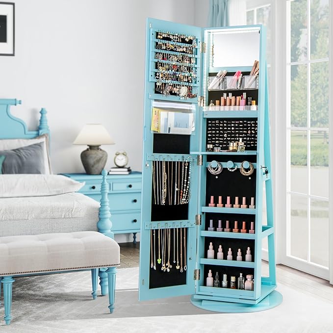 CHARMAID 360° Swivel Jewelry Armoire with Full Length Mirror, Rear Storage Shelves, Lockable Standing Jewelry Cabinet Organizer with Interior Vanity Mirror and 3-Color Lights (Sky Blue)