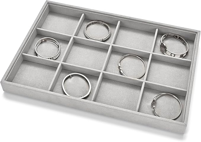 12 Grids Microfiber Jewelry Trays Bracelets Tray Stackable Jewelry Organizer Trays for Drawer Bracelet Holder Earring Tray For Bracelet Bangle Earrings Watches Storage (Grey)