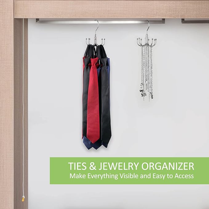 Belt Hanger, 2 Pack Rotatable Belt Organizer for Closet, Accessories Rack, Space Saving Hanging Holder Storage Hook for Belt, Tie, Scarf, Purse, Bra, Tank Top, Silver