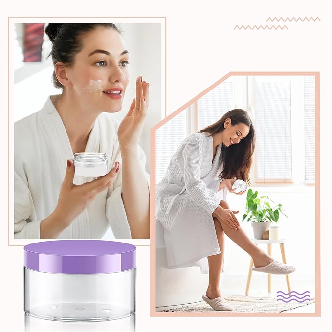 Dandat 24 Pcs 8 oz Plastic Jar Container with Lid and Label Refillable Empty Round Clear with Purple Pet Cosmetic Sample Slime Containers for Lotion, Cream, Ointments Body Butter Makeup Travel Storage