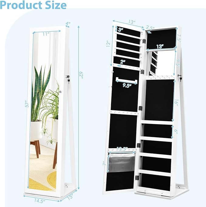 GOFLAME Jewelry Cabinet with Full-length Mirror, Jewelry Storage Organizer with Makeup Mirror, Back Storage Shelf, Lockable Jewelry Cabinet Armoire for Bedroom, Living Room (White)