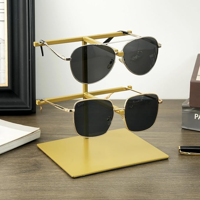 Sunglass Display Stand,Gold Double-Layer Glasses Stand, Carbon Steel countertop sunglass display stand,1-Pack,Suitable for Retail Stores and Home Use Eyeglass Rack(PATENTPENDING)