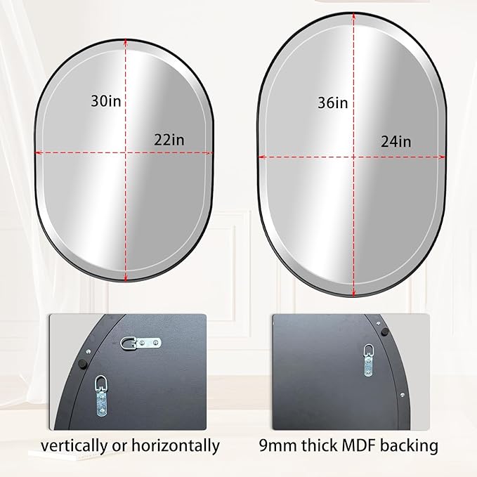 POZINO Oval Beveled Mirror, 24"x36" Bathroom Mirror for Over Sink, Rounded Rectangle Mirrors, Modern Oblong Vanity Wall Mirrors in Premium Stainless Steel Frame Hangs Horizontal Or Vertical