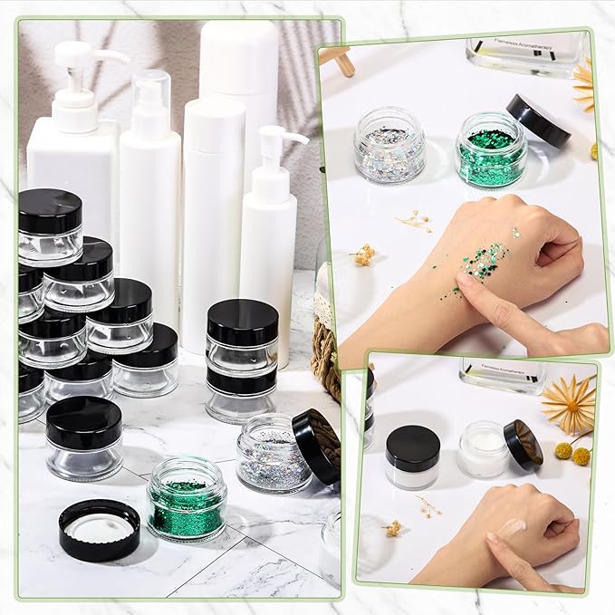 Domensi 100 Pcs 1 oz Glass Jars with Lids Bulk Round Glass Cosmetic Jars for DIY Lip Balm Small Travel Containers with Inner Liner for Lotions Powders Ointments Sample Cream(Clear, Black)