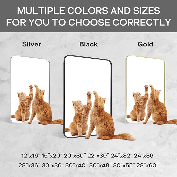 Silver Framed Bathroom Mirror, Brushed Nickel Rounded Corner Rectangle Wall Mirror, Tempered Glass, Shatter Proof, Anti-Rust, Hangs Horizontally or Vertically (24" x 32", Silver)