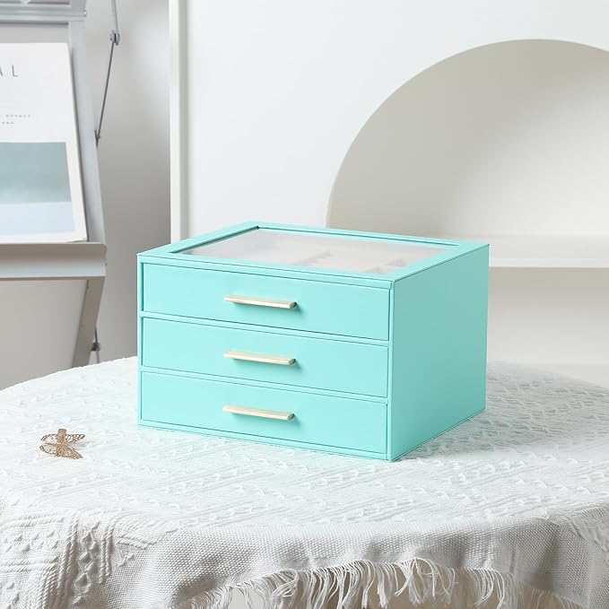 Frebeauty Clear Lid Jewelry Box,3-Layer Jewelry Organizer with Drawer,PU Leather Jewelry Organizers and Storage,Jewelry Boxes for Women,Jewelry Storage for Rings Earring Stud,Gift for Women(Turquoise)