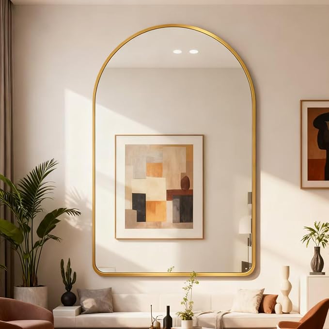 26x38 inch Gold Tempered Glass Large Arched Mirror for Bathroom Vanity Mirror or Wall Decor Arch Mirror Brushed Metal Frame Wall Mounted Mirror for Bathroom LivingRoom Bedroom Entryway