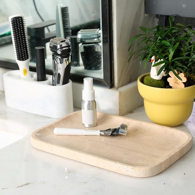 Marble Vanity Tray for Dresser Organizer, Travertine Bathroom Tray Countertop, Beige Decorative Serving Trays, Kitchen Sink Storage, Jewelry & Perfume Holder(Travertino Romano)