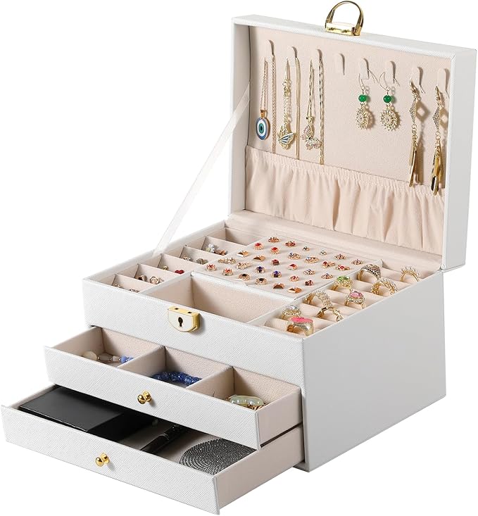 3 Layer Jewelry Box, Lockable Jewelry Holder Organizer with Jewelry Drawer, Large Jewelry Boxes & Organizer with Velvet Earring Storage, Unique Gifts for Women Mom