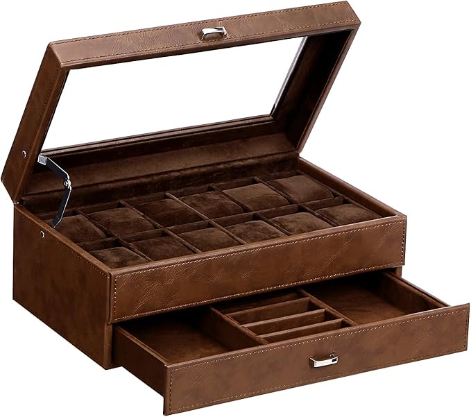 BEWISHOME Watch Box for Men, 12-Slot Watch Case, 2-Layer Watch Case With Drawer, Mens Jewelry Box with Large Glass Lid, Watch Display Case Watch Holder Organizer Watch Storage for Men Women Espresso
