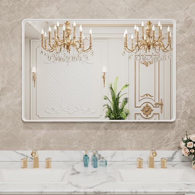 LOAAO 40x36 Inch White Metal Framed Bathroom Mirror for Wall, White Bathroom Vanity Mirror Farmhouse, Large Rounded Rectangle Mirror, Anti-Rust, Tempered Glass, Hangs Horizontally or Vertically