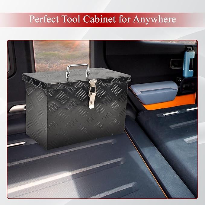 16''Inch Aluminum Truck Tool Box Truck Bed Toolbox Truck Trailer Chest Box Trailer Underbody Storage Organizer Waterproof Square Storage Organizer w/Lock & Keys Black(16" Lx7.5 Wx10 H)