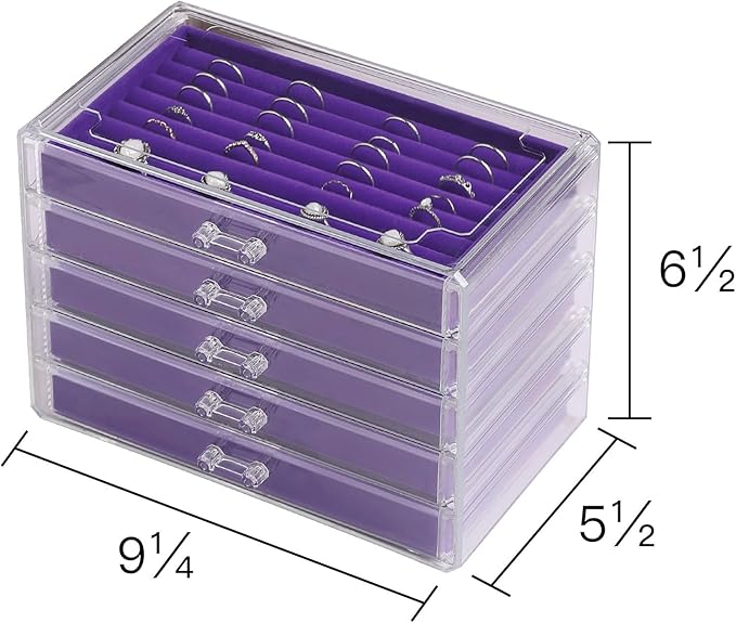 Frebeauty Extra Large Acrylic Jewelry Box for Women 5 Layers Clear Jewelry Organizer Velvet Earring Box with 5 Drawers Rings Display Case Necklaces Holder Tray for Women Girls(Purple)