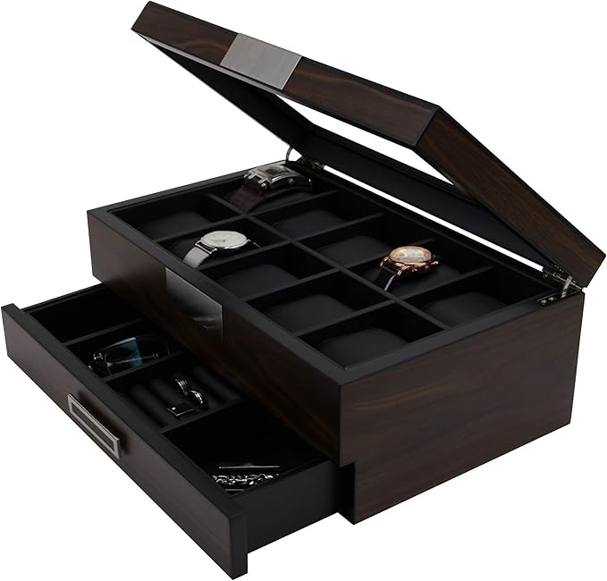 Executive Wooden Watch Box Valet Box Sunglasses and Jewelry Box Storage Organizer (Sweetheart) (Brown)
