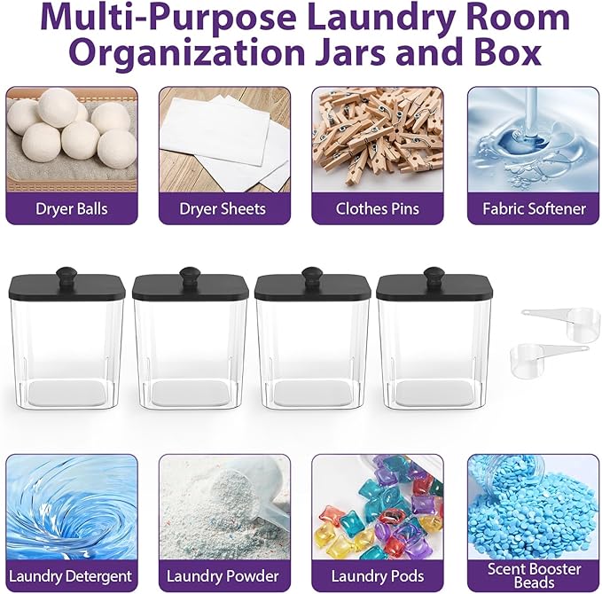 4 Pack Clear Laundry Pods Container, Plastic Square Laundry Room Organization and Storage Jars with Black Lids, Scoops & Labels for Detergent, Powder, Dryer Balls