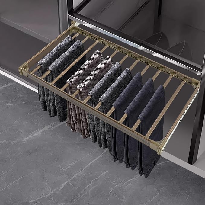 11 Arms Slide Out Pants Rack Closet Pants Hanger Bar Pull Out Trousers Rack Tie Belts Scarf Racks, Top Mounted Wardrobe Clothes Organizers Rail Pull Out Closet Storage Rod-Champagne