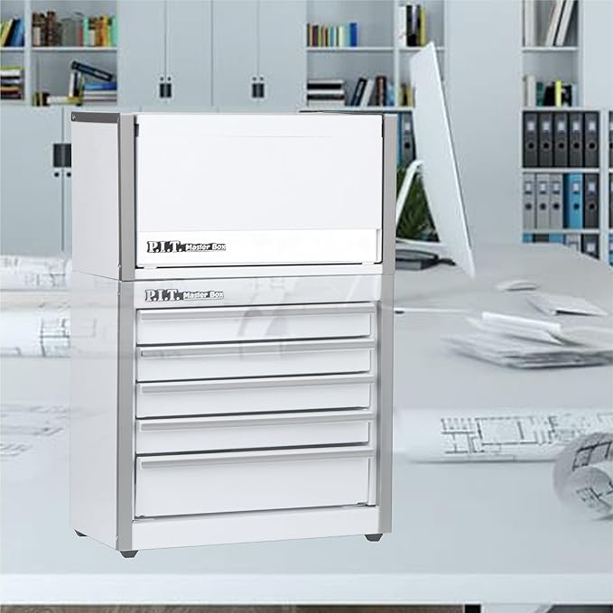 P.I.T. Mini White Tool Box, Portable 3 Drawer Steel Stackable Tool Box with Magnetic Tab Locking, White Micro Top Chest with Liner for Tools Storage and Organizers, Home DIY