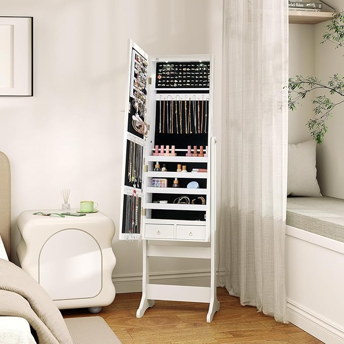Giantex Standing Jewelry Armoire, Lockable Jewelry Cabinet with Full Length Mirror, LED Lights, 4 Tilt Angle Adjustable, Mirror with Jewelry Storage, Standing Jewelry Organizer with Drawers, White