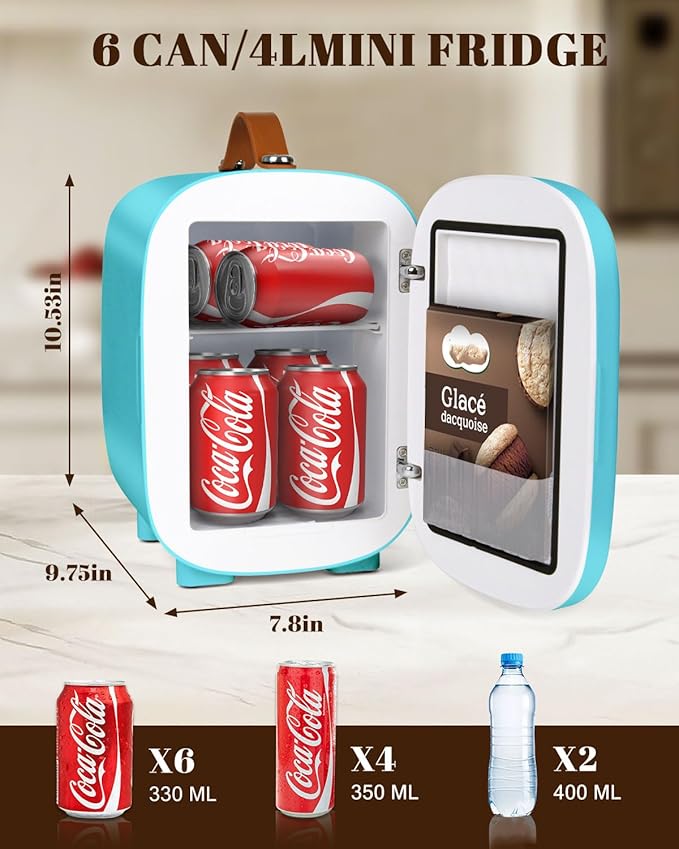 Mini Fridge for Bedroom, 4 Liter/6 Cans Skincare Small Refrigerator, AC/DC Portable Mini Cooler & Warmer, Small Fridge for Camping, Dorm, Office, Car (Blue)