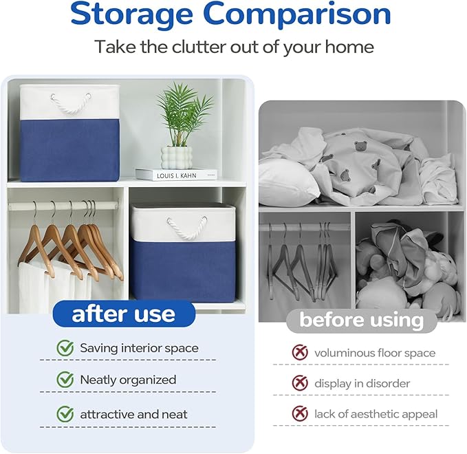 12 x 12 Inch Cube Storage Bins, 4 Pack Fabric Storage Basket with Handles, Foldable Boxes Organizer for Shelf Baskets for Home, Clothes (White/Blue)