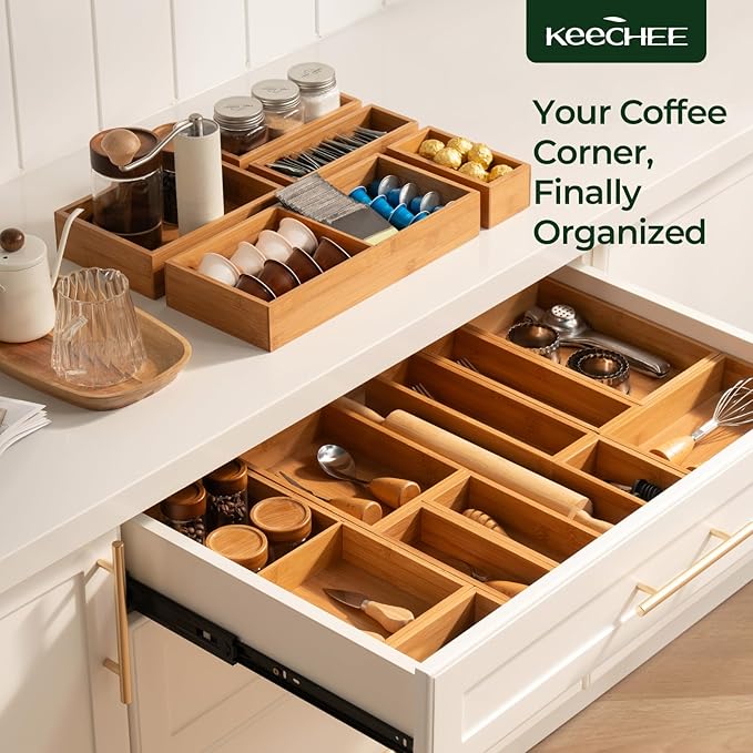 10-Piece Bamboo Drawer Organizer Set, 2.2" Deep Multi-Use Organizers for Utensils, Silverware, Cutlery, Desk, Bathroom, Junk Drawer & Makeup, Non-Slip Feet Included.