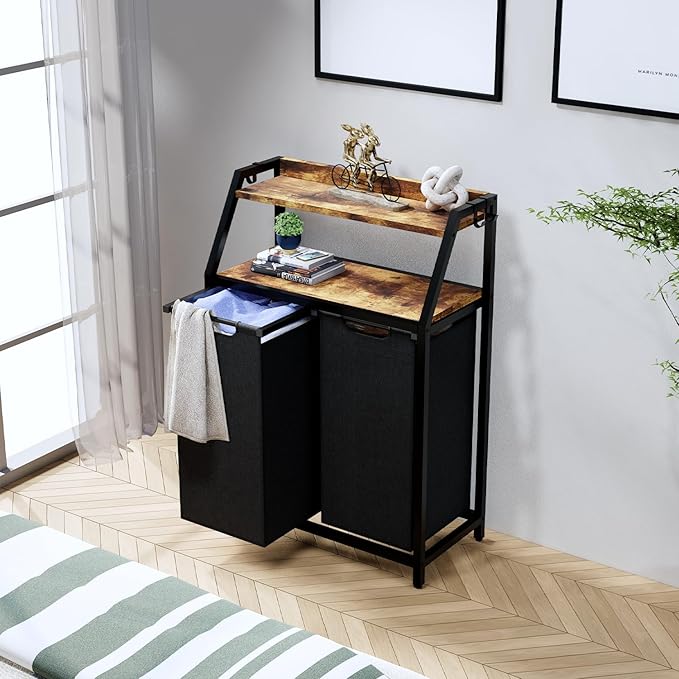 Laundry Hamper, Laundry Sorter 2 Section, Rolling Laundry Basket with Wheels, 2 Shelves, 2 × 14.5 Gal, Pull-Out and Removable Oxford Fabric Bags, for Laundry Room, Black and Rustic Brown