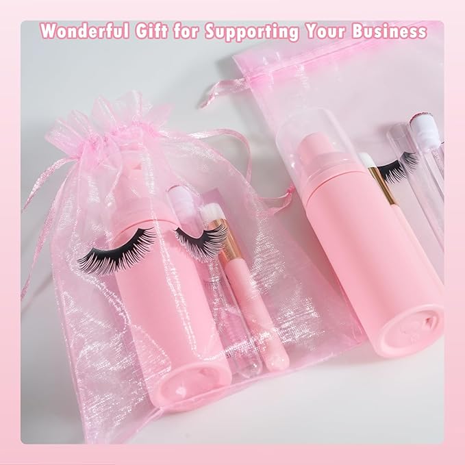 50PCS Lash Shampoo Bottles Brushes Set, Empty Lash Shampoo Bottle, Lash Cleaning Brush, Eyelash Extension Tube Brush, Instructions Cards, Aftercare Bags for Lash Business Clients (50pcs in pink)