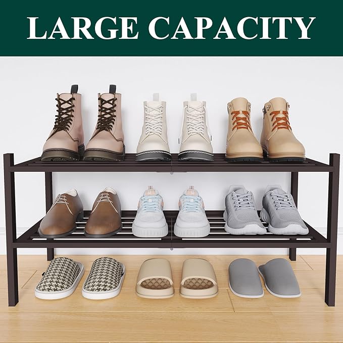 Smiry Bamboo Shoe Rack 2-Tier, Stackable Wooden Shoe Organizer for Entryway & Closet, Free Standing Wood Shoe Storage Shelf for Front Door & Small Spaces, Brown