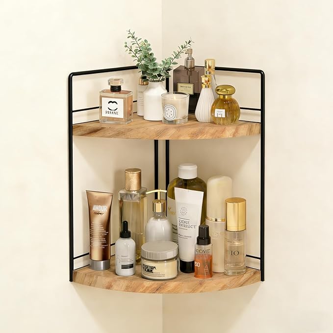 2 Tier Bathroom Counter Organizer,Bathroom Countertop Organizer, Wood Vanity Organizer Corner Shelf,Makeup Tray for Perfume Skincare Bedroom Kitchen Corner (2 Tier,Brown)