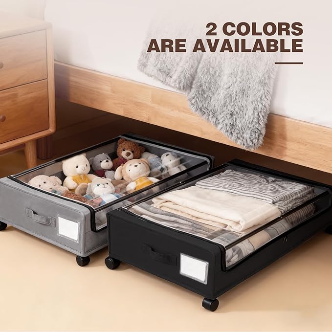 Under Bed Storage with Wheels, 2 Pack Under bed Storage Containers, XXL 60L Rolling Under Bed Drawers on wheels for Clothes, Shoes, Blankets in Bedroom, Dorm, Black