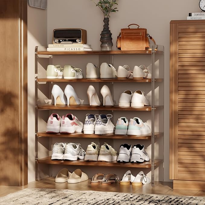 Free Standing Shoe Rack, Closet Shoe Storage Shelves for Entryway Small Space, Garage & Living Room, Wooden Shoe Stand, 5-Tier Modern Shoe Organizer, Solid Wood & Acrylic Frame with Top Shelf