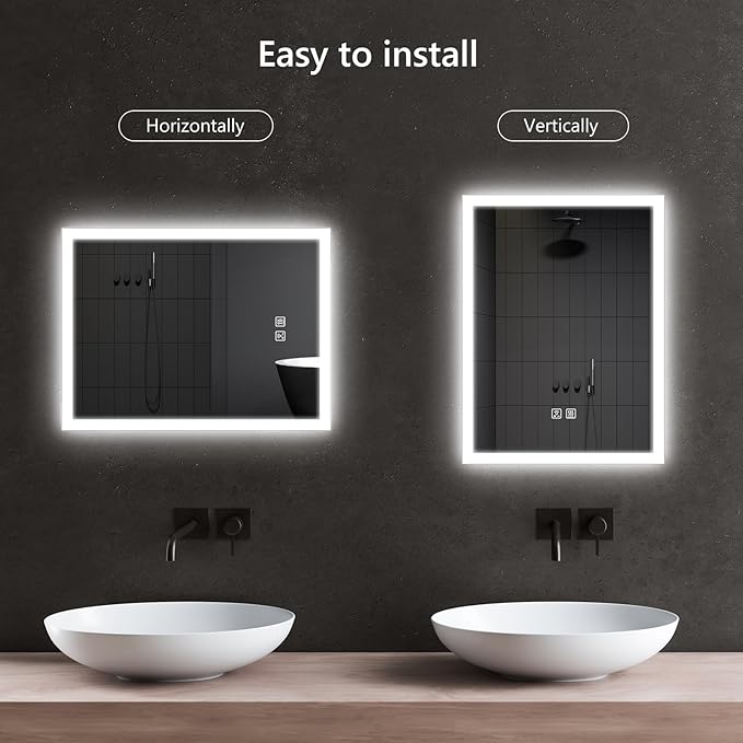 APRILSOUL 24x32 Inch LED Mirror for Bathroom, Led Vanity Mirror with Front and Backlit, 3 Color Lights, Memory Function, Anti-Fog and Dimmable Light (Horizontal/Vertical)