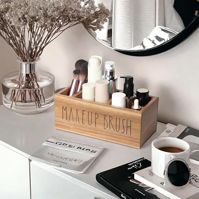 Acacia Wood Makeup Brush Organizer for Vanity,Cosmetic Skincare Organizers, Makeup Organizer with 3 Slots,Organizer Countertop for Cosmetics,Skincare, Brushes, Mascara,Lipstick,Pencils, Brown