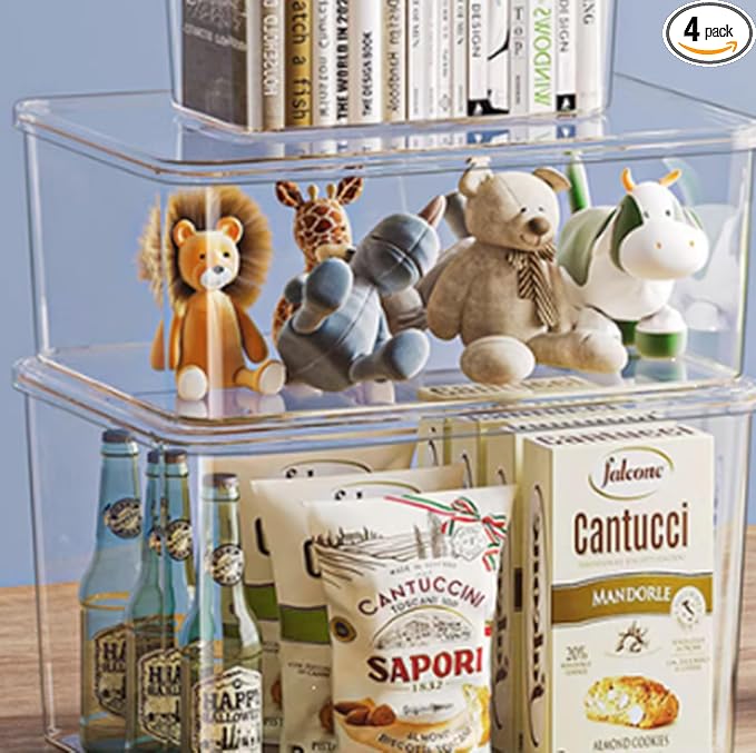 Clear plastic storage bins with LIDS,storage containers for snacks, cosmetics, books, dog food, Storage Organizer for Nursery,Kitchen, Living room,Bedroom, Bathroom, Office(clear, 2XL+2L)