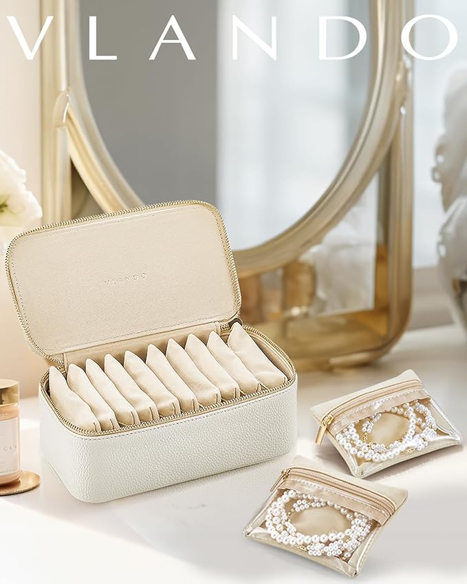 Vlando Jewelry Travel Case,Valentines Gift,Travel Jewelry Organizer with Clear Velvet Jewelry Bags Zipper Pouch for Women Girl Gift-12Pcs White