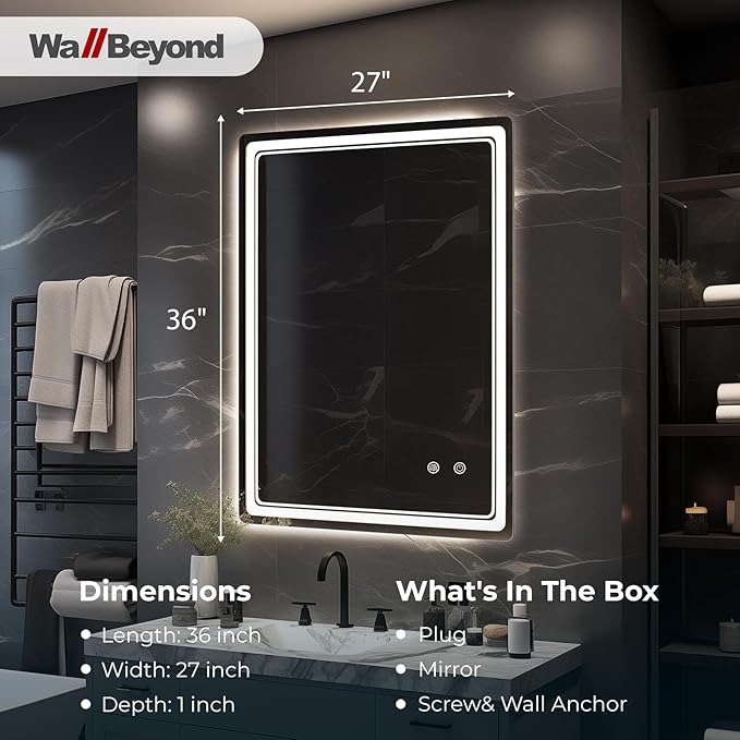 WallBeyond LED Bathroom Mirror with Lights, 28'' x 36'' Led Bathroom Vanity Mirror for Wall with Front and Backlit, Anti Fog Mirror for Bathroom, 3 Colors and Dimmable Light, Horizontal/Vertical
