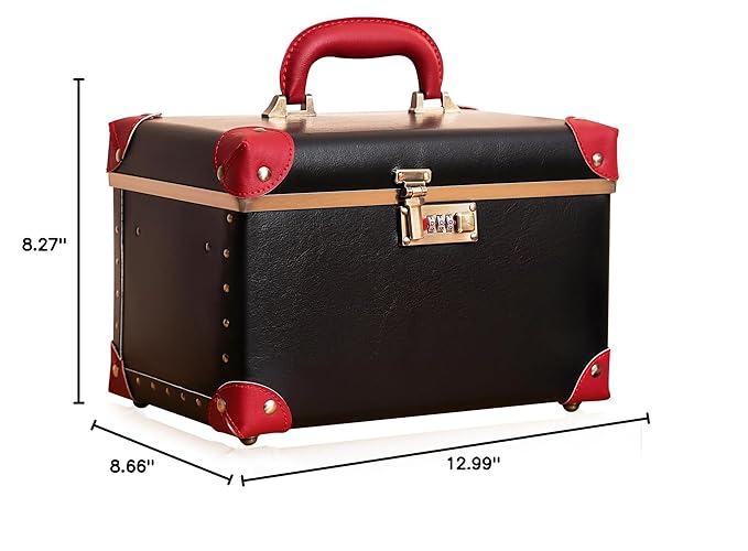 urecity Vintage Makeup Train Case, Black Artificial Leather with Red Trim, Professional Cosmetic Organizer with Metal Combination Lock, Multi-Layer Storage Box