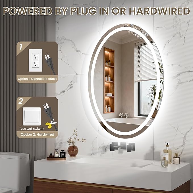 28''x20'' Oval LED Bathroom Mirror with Lights, Anti-Fog, 3 Colors Temperature & Dimmable, Lighted Mirrors for Bathroom Wall with Memory Function