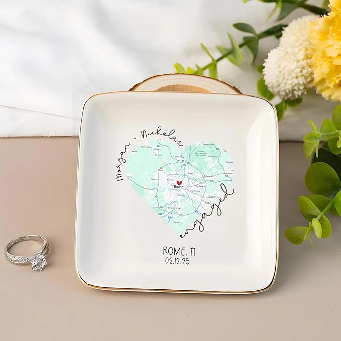 Chillever Custom Map Engaged Trinket Dish, Location Engagement Gifts For Couple Jewelry Tray, Ring Dish, Newly Engaged Ring Holder Best Gift For Lover 2