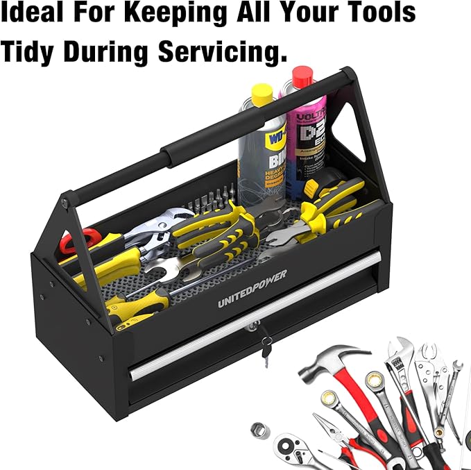 UNITEDPOWER Handy Tool Box With 1 Drawer,Portable Metal Tote Tray with comfortable grip handle, Tool Organization for Household, Warehouse, Repair Shop, Black