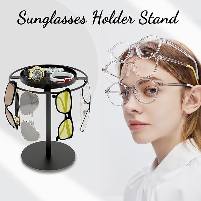 LSK Metal Sunglasses Organizer, Glasses Holder Stand with Storage Tray, Eyeglasses Holder with Anti-Slip Pads for Tabletop, Desk, Dresser, Matte Black