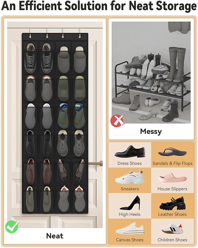 dodowin Over the Door Shoe Organizers, 2 Pack, Each with 24 Deep Mesh Pockets & 4 Metal Hooks, Over The Door Shoe Rack Space Saving Hanging Storage Holder for Closets, Shoes & Accessories, Black