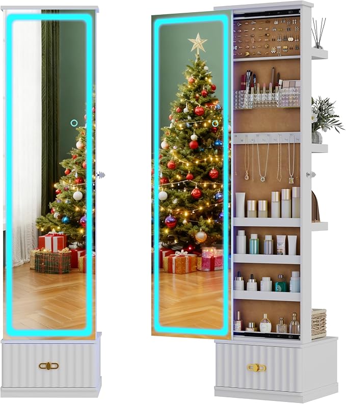HNEBC LED Jewelry Cabinet Standing, Full Length Mirror with Storage/3 Color Adjustable LIghts, Jewelry Armoire has 3 Photo Frames/4 Shelfs/1 Drawer,Space-Saving Organizer,Christmas Gifts for Women