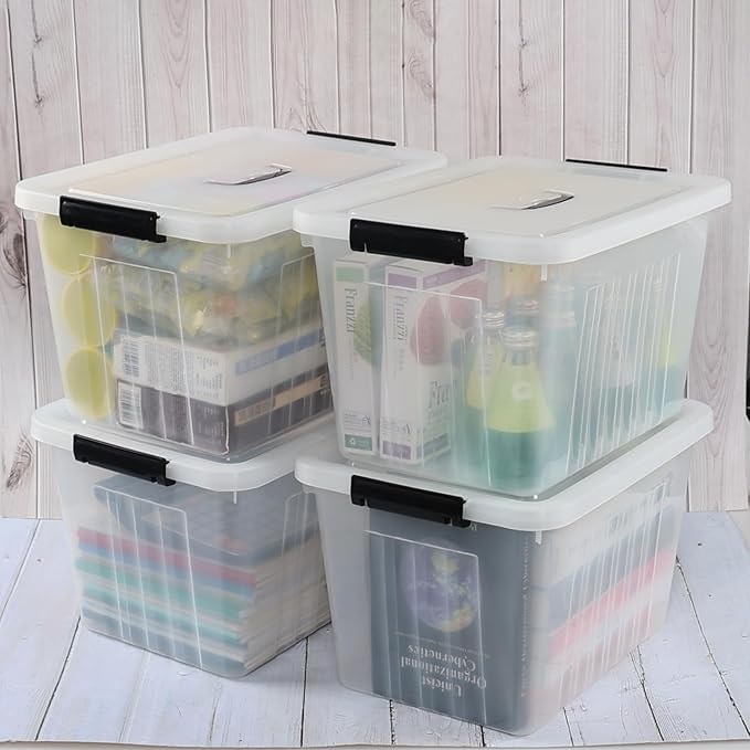 20 L Clear Storage Box with Handle, Plastic Latching Organizing Bin, 4 Pack